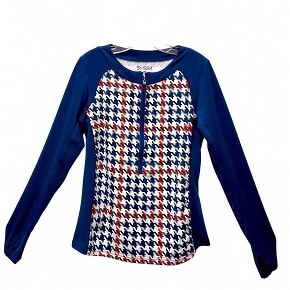 San Soleil Tops - Red and Blue Raglan 3/4 Zip Blouse with Graphic Design